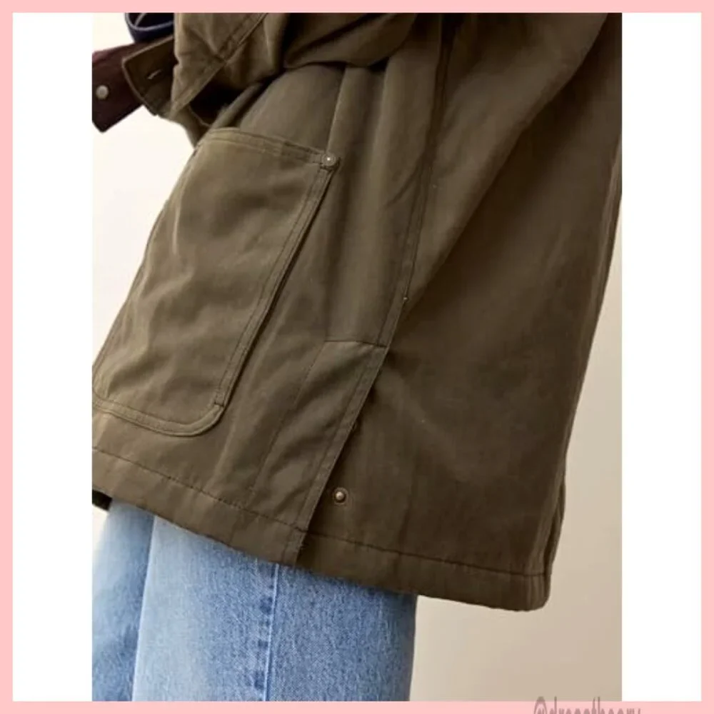 Oversized Cotton Barn Jacket with Corduroy Collar, Utility Pockets, Vintage - Picture 3 of 7